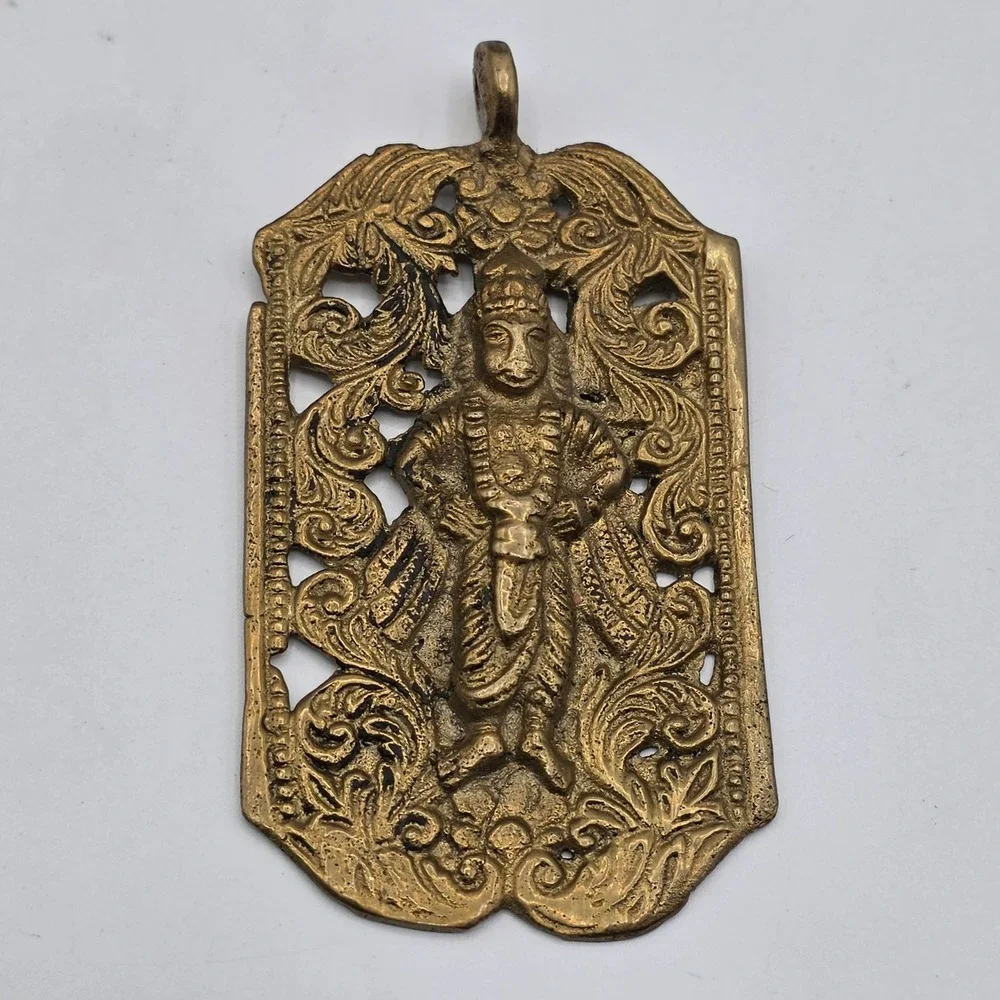 Vintage Brass Vishnu Deity Pendant Amulet Religious Charm Ornate Filigree‎ Hindu